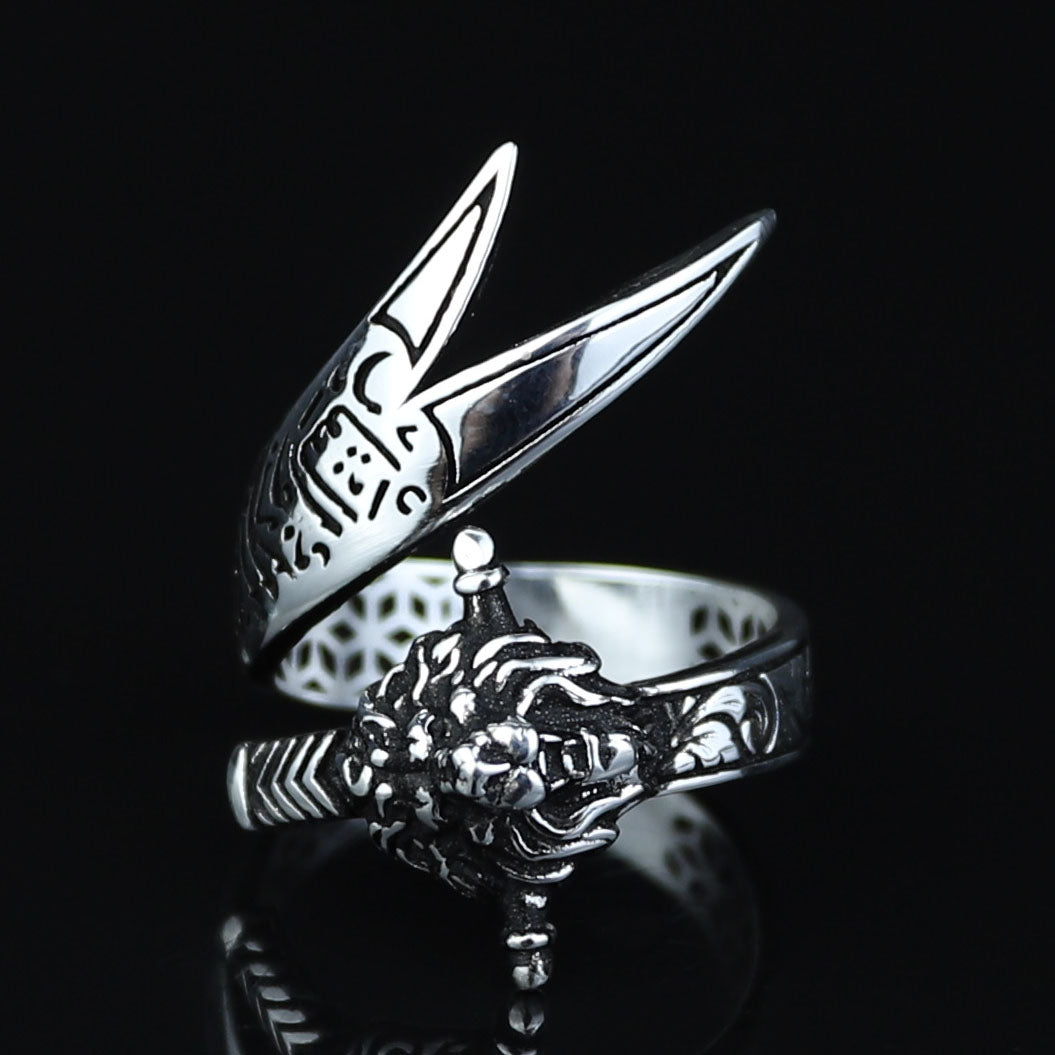 925 Sterling Silver Leon Head Double Zulfiqar Sword Ring
