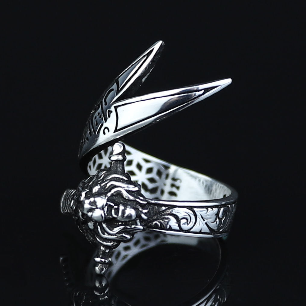 925 Sterling Silver Leon Head Double Zulfiqar Sword Ring