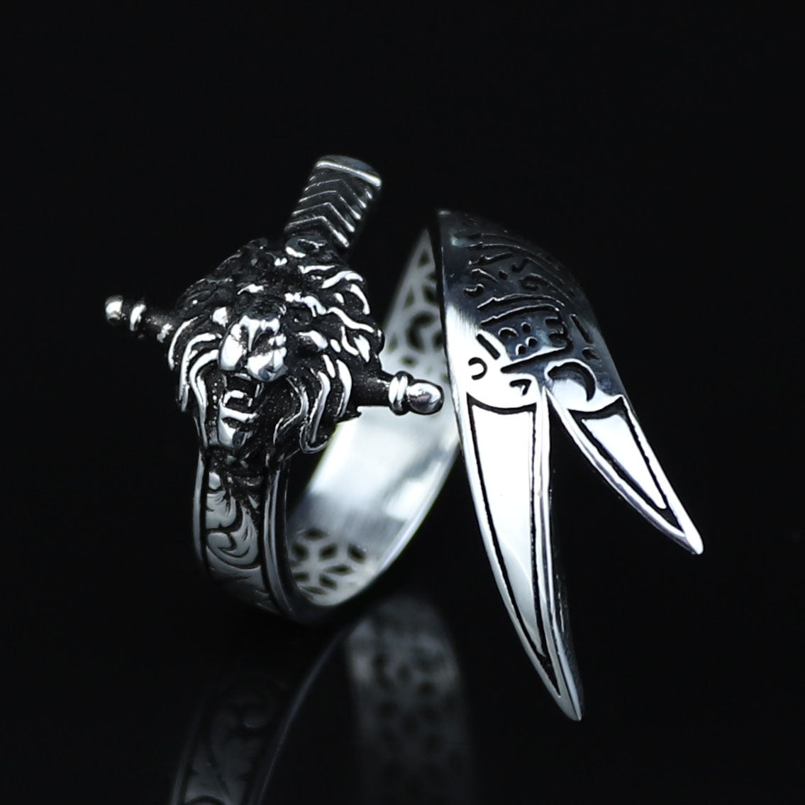 925 Sterling Silver Leon Head Double Zulfiqar Sword Ring