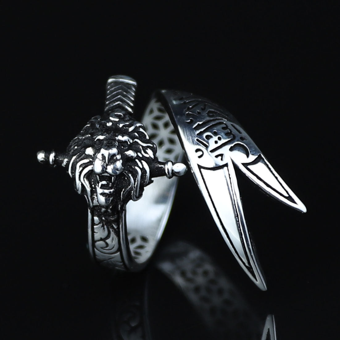 925 Sterling Silver Leon Head Double Zulfiqar Sword Ring