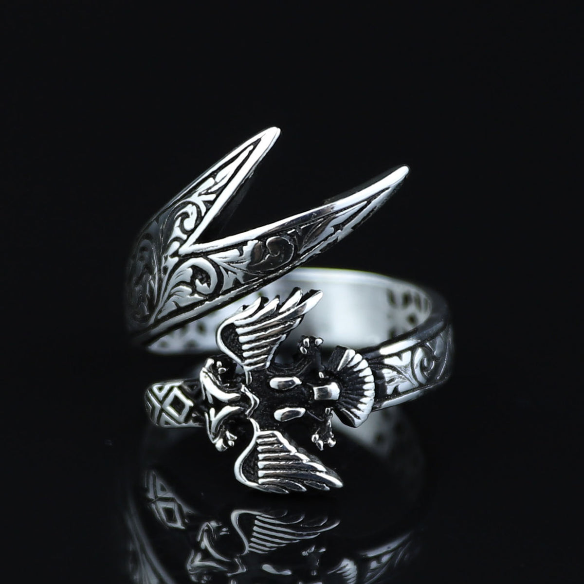 925 Sterling Silver Eagle Head Double Sword Ring