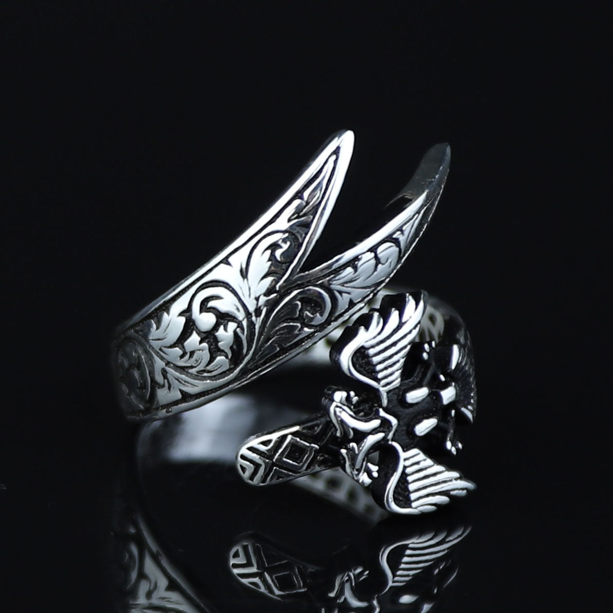 925 Sterling Silver Eagle Head Double Sword Ring