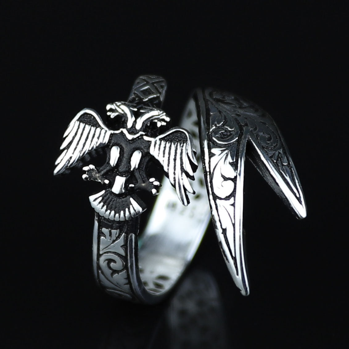 925 Sterling Silver Eagle Head Double Sword Ring