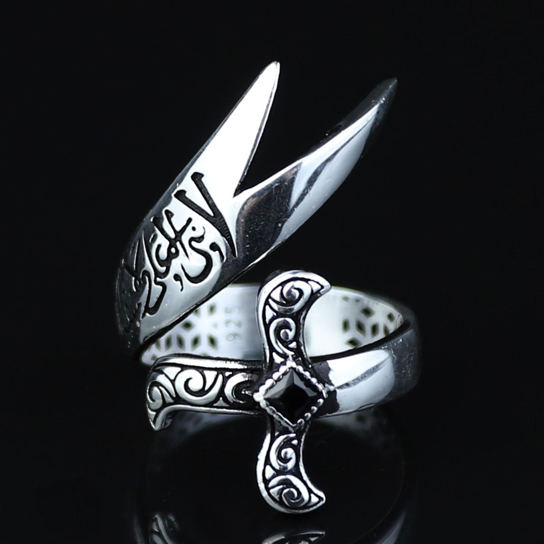 925 Sterling Silver Onyx Zulfiqar Sword Ring for Men