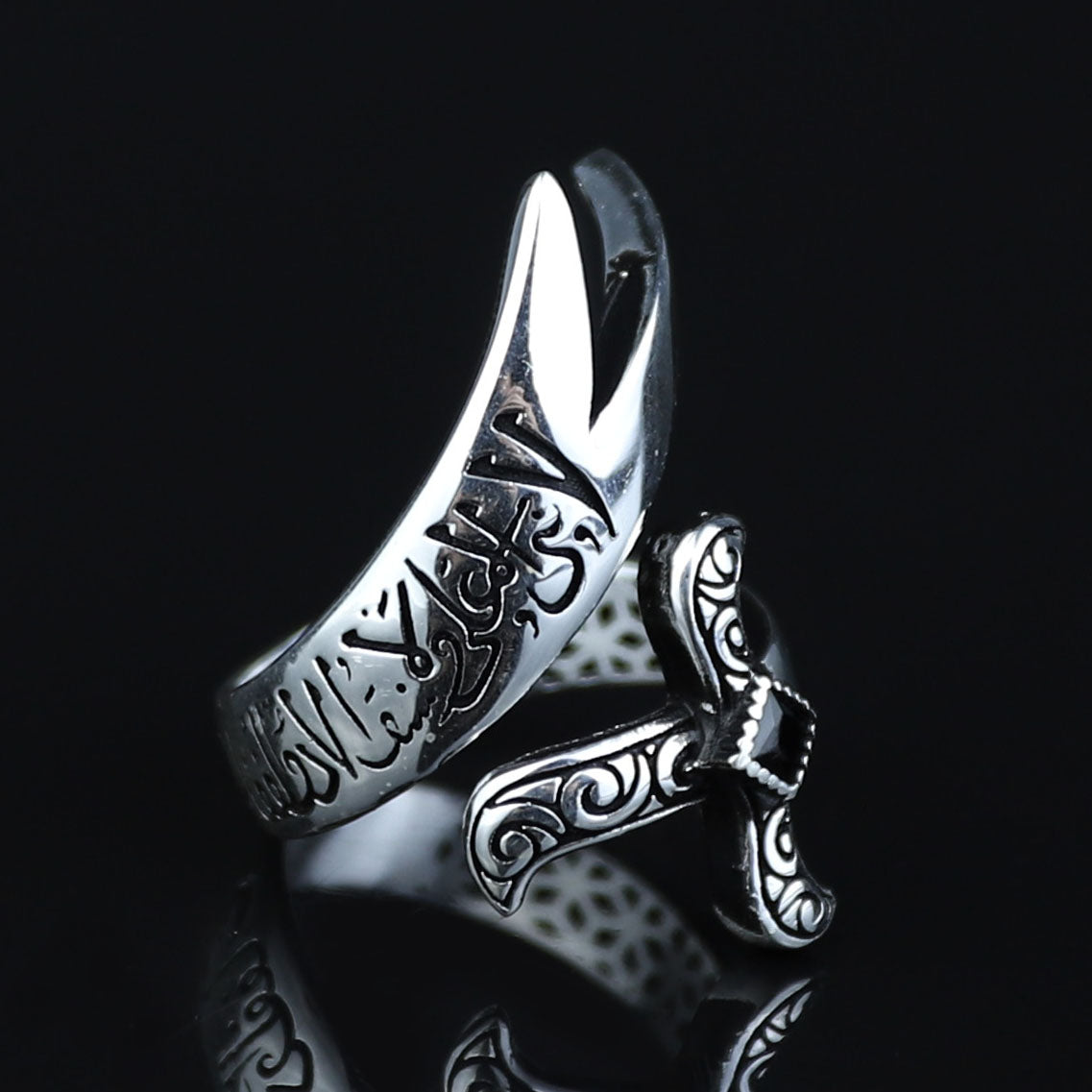 925 Sterling Silver Onyx Zulfiqar Sword Ring for Men