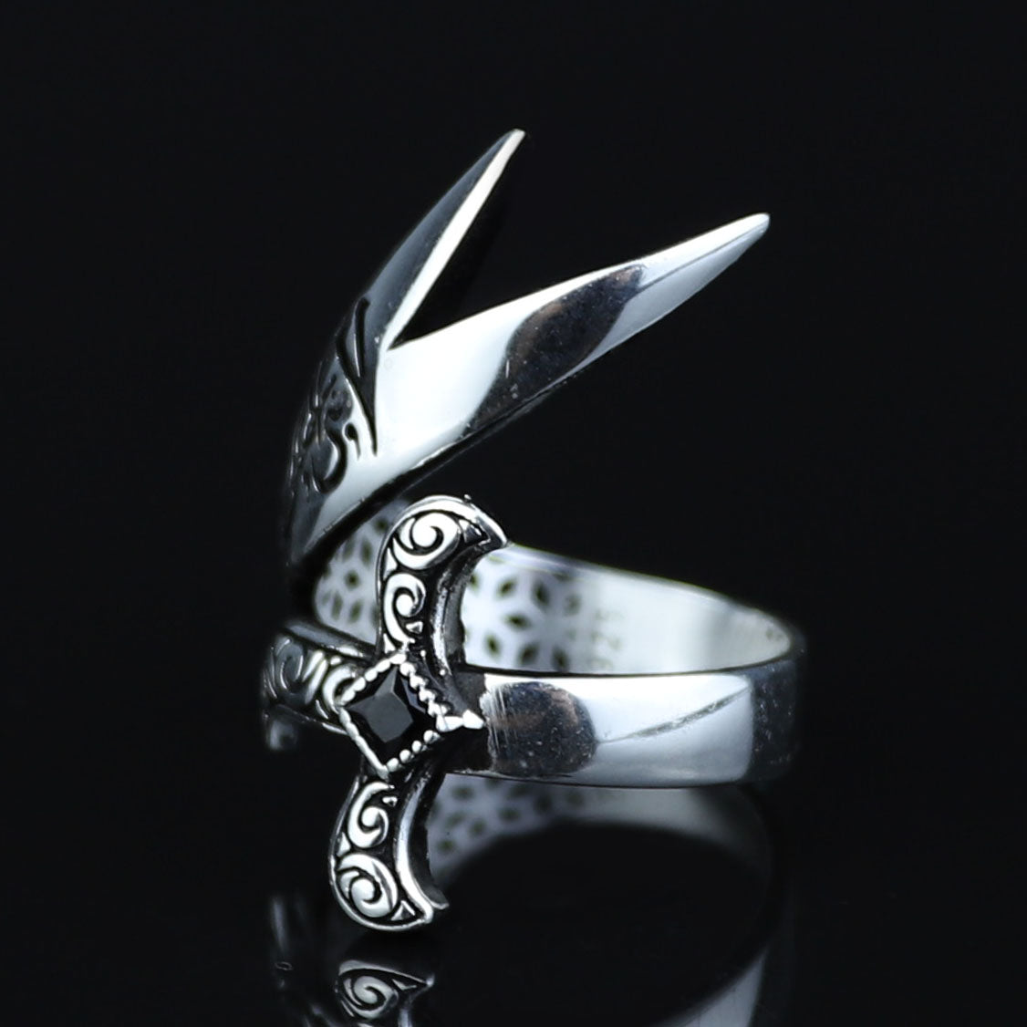 925 Sterling Silver Onyx Zulfiqar Sword Ring for Men