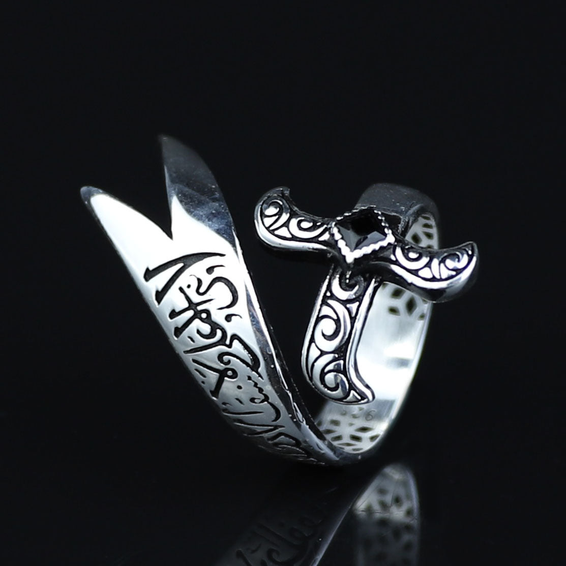 925 Sterling Silver Onyx Zulfiqar Sword Ring for Men