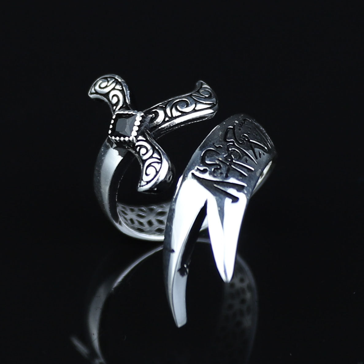 925 Sterling Silver Onyx Zulfiqar Sword Ring for Men