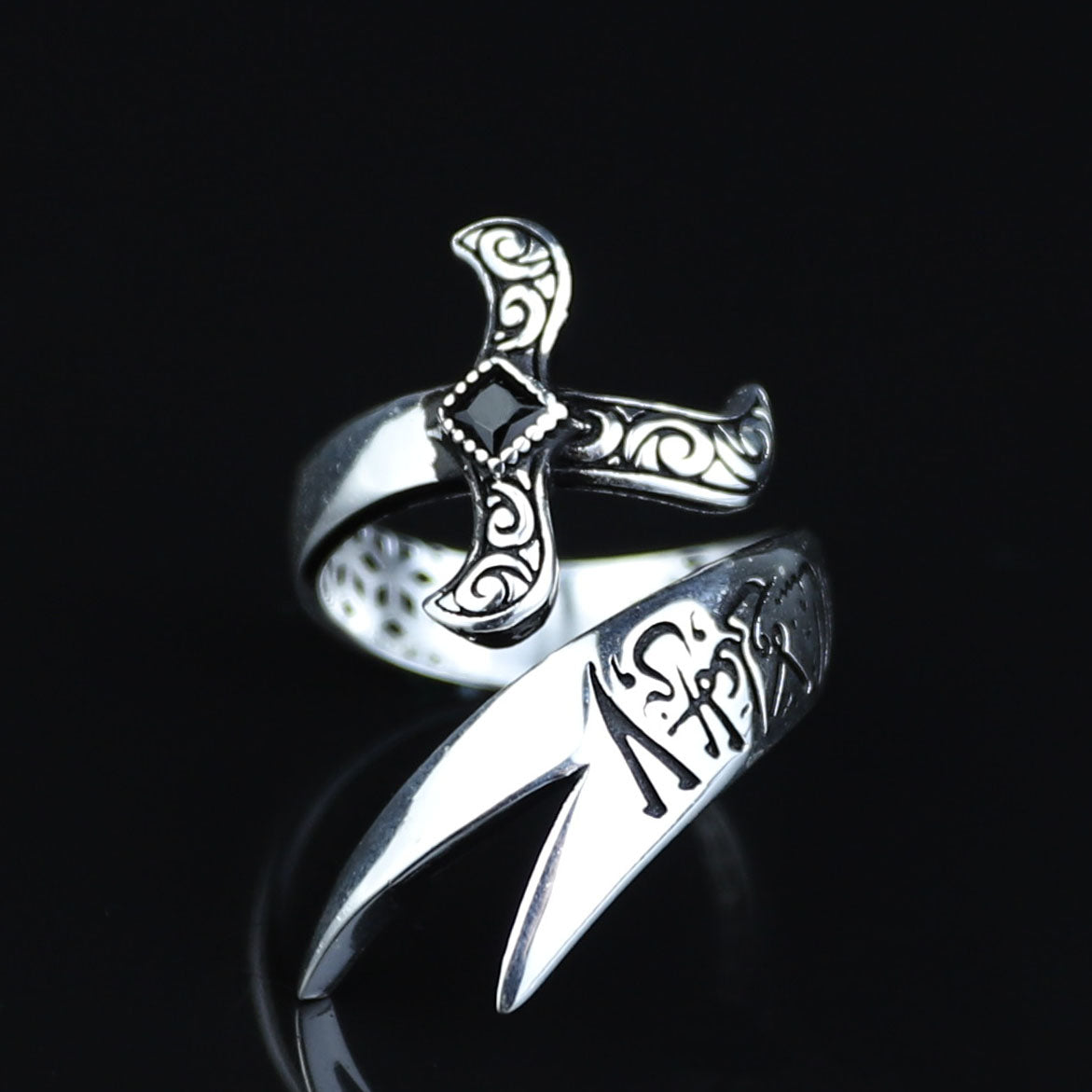 925 Sterling Silver Onyx Zulfiqar Sword Ring for Men