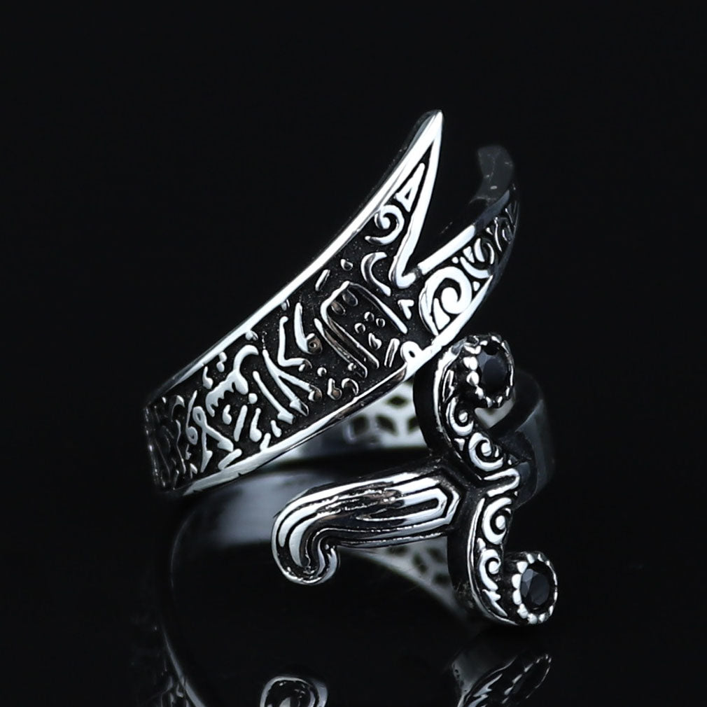 925 Sterling Silver Black Stone Zulfiqar Sword Ring for Men