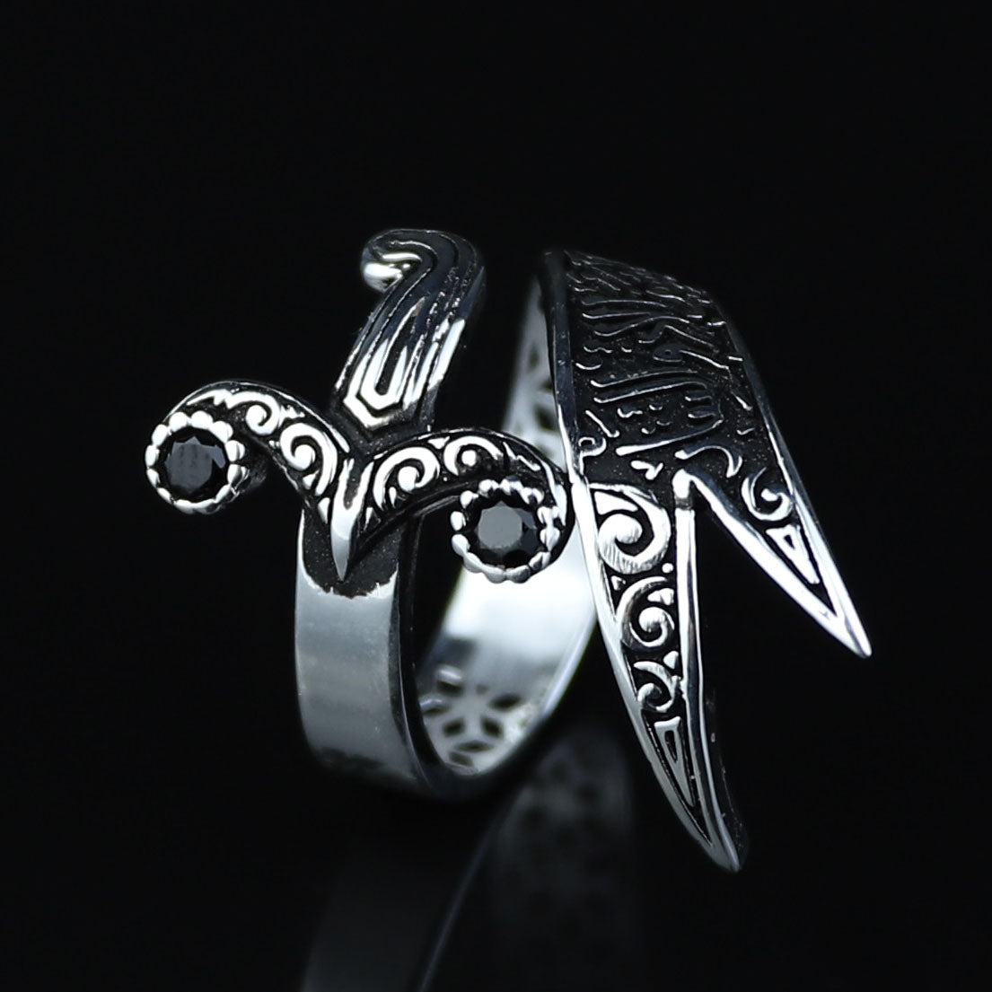 925 Sterling Silver Black Stone Zulfiqar Sword Ring for Men
