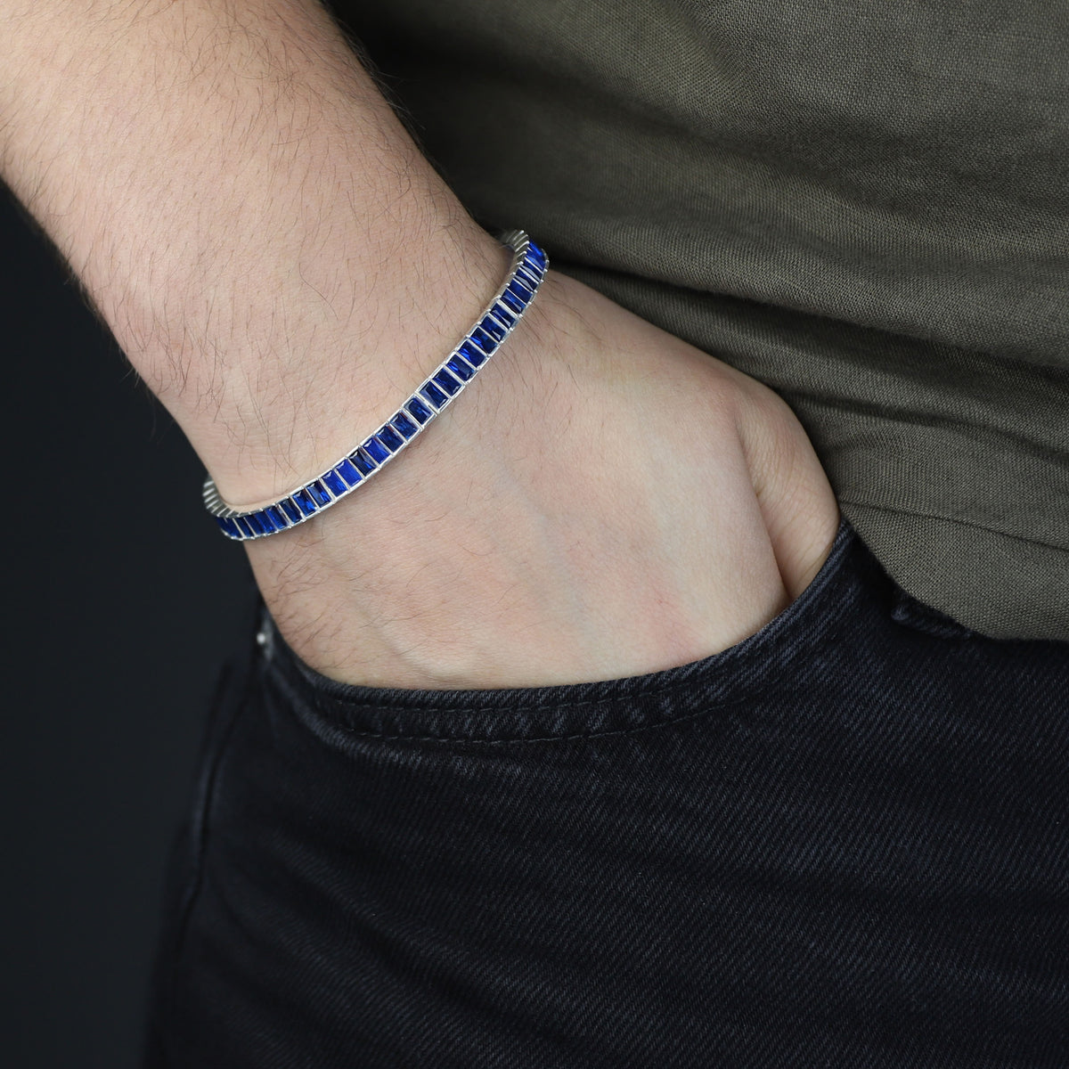 925 Silver Sapphire Gemstone Bracelet, Baguette Elegant Sapphire Bracelet, Men Blue Bracelet