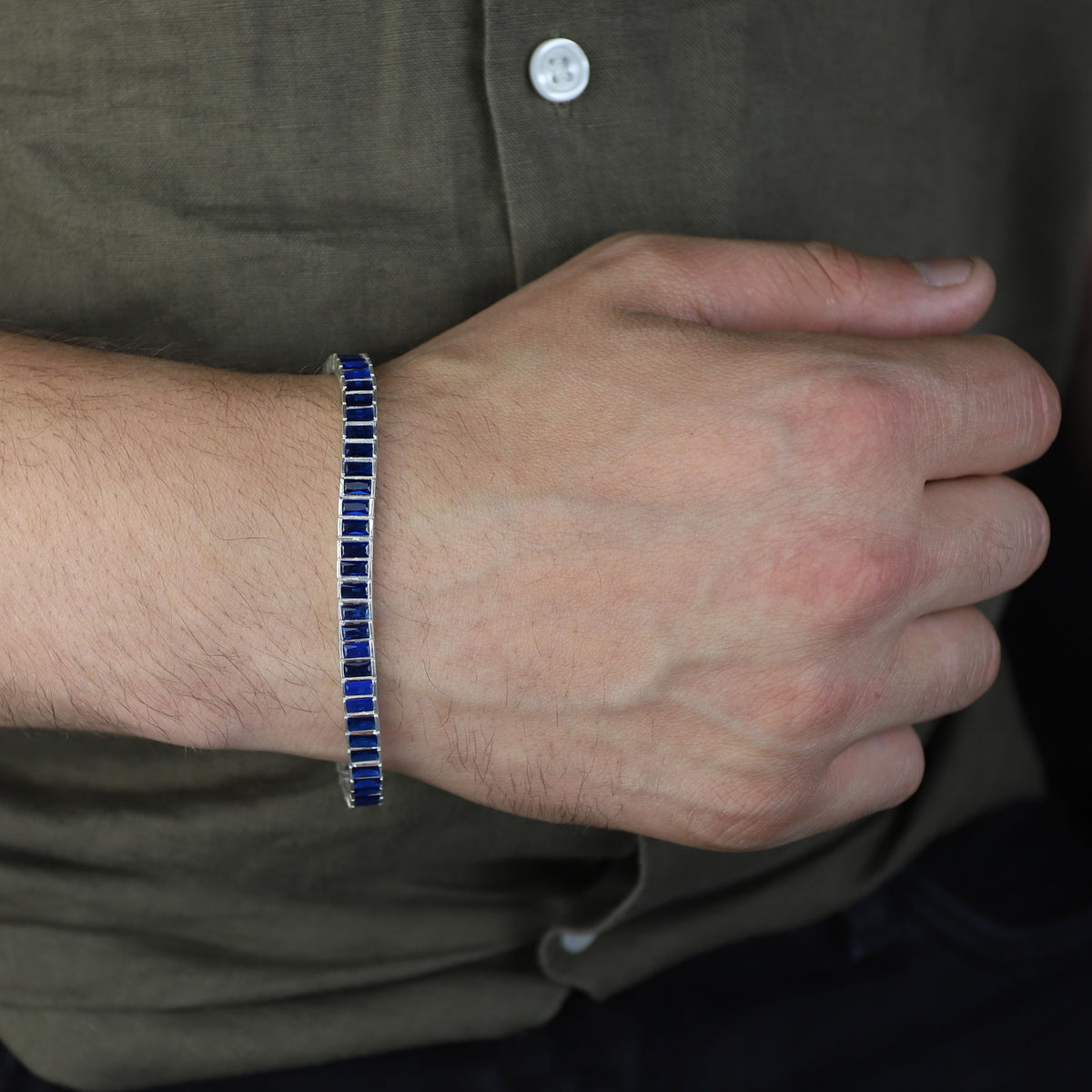925 Silver Sapphire Gemstone Bracelet, Baguette Elegant Sapphire Bracelet, Men Blue Bracelet