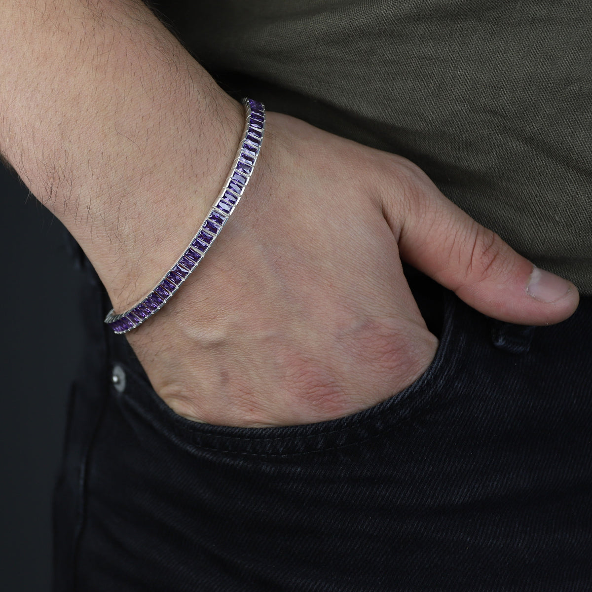 925 Silver Amethyst Tennis Bracelet, Men Silver Tennis Bracelet, Men Luxury Tennis Chain