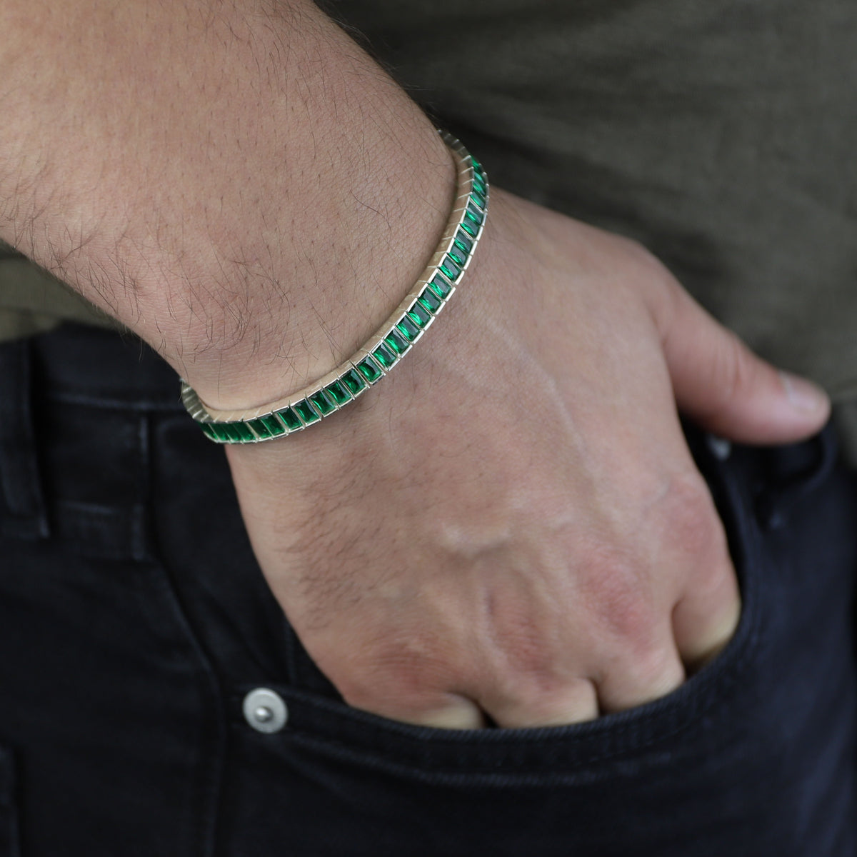 925 Silver Unisex Emerald Tennis Bracelet, Baguette Cut Green Link Tennis Bracelet, Luxury Tennis Bracelet
