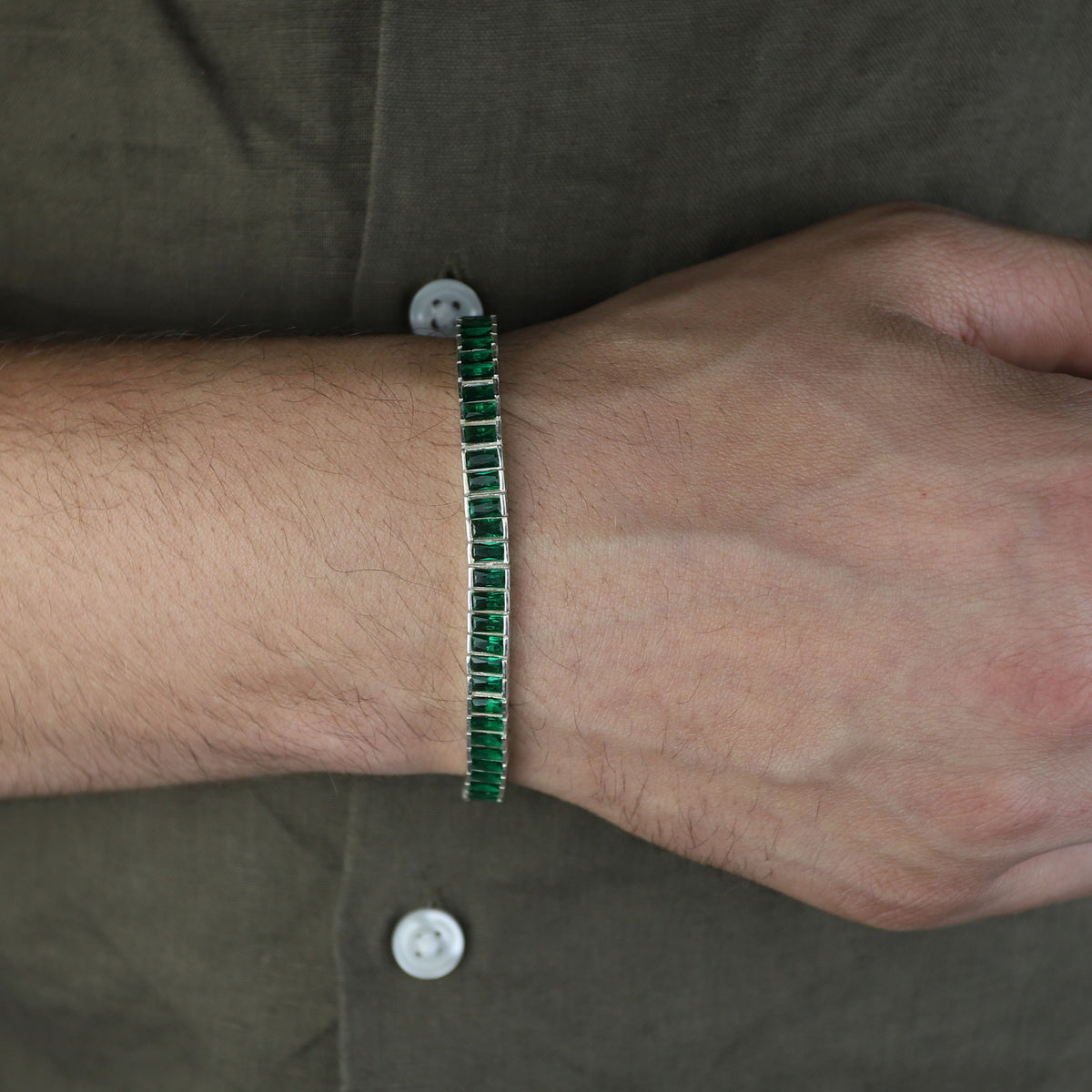 925 Silver Unisex Emerald Tennis Bracelet, Baguette Cut Green Link Tennis Bracelet, Luxury Tennis Bracelet