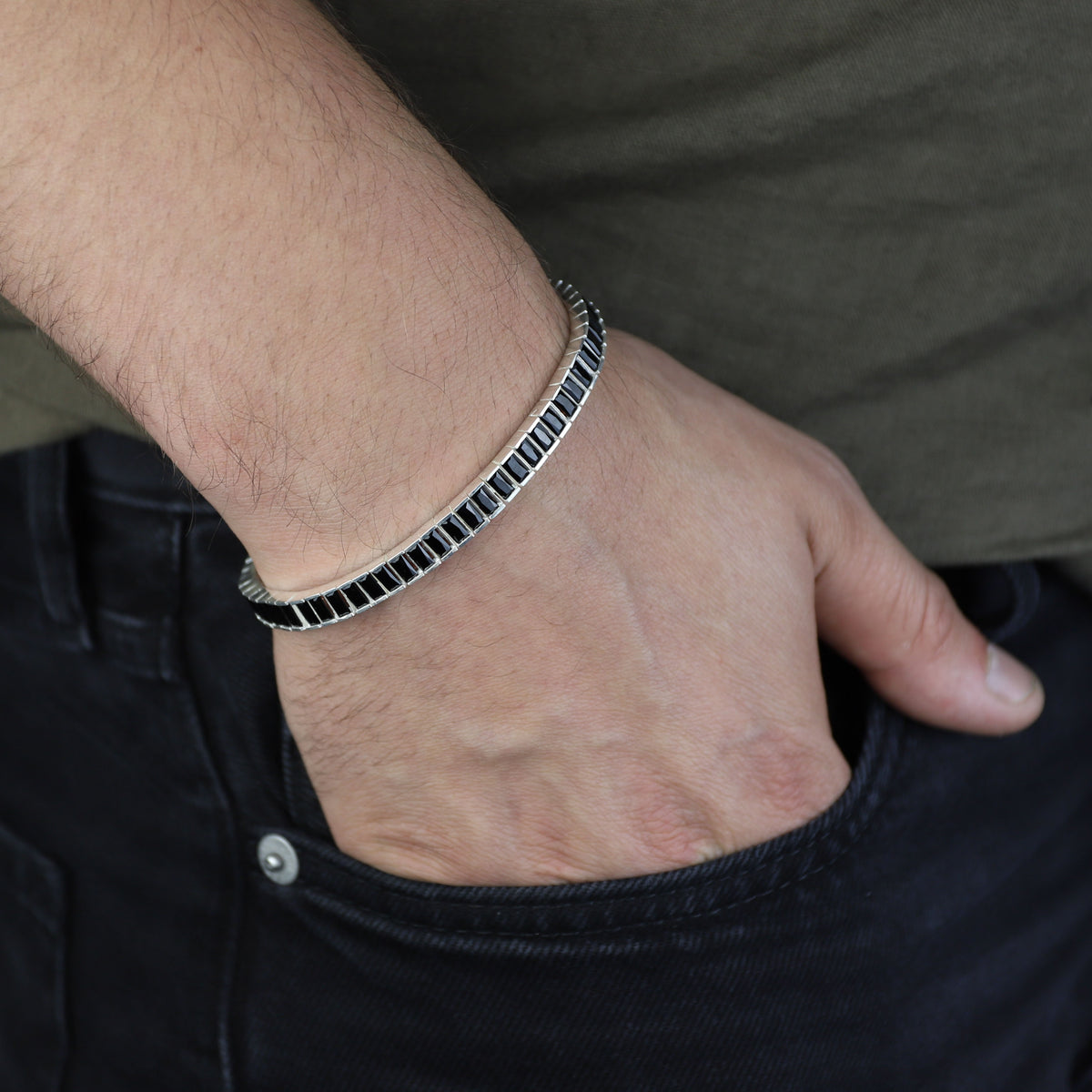 925 Silver Black Diamond Tennis Bracelet, Baguette Moissanite Bracelet, Mens Black Diamond Bracelet
