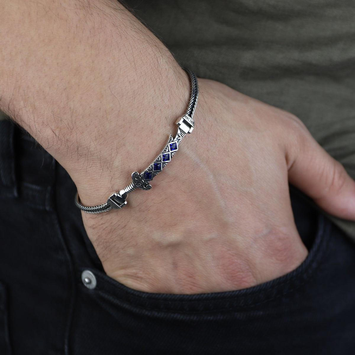 925 Silver Sword Chain Bracelet, Sapphire Hz Ali Zulfiqar Bracelet, Silver Sword Bracelet