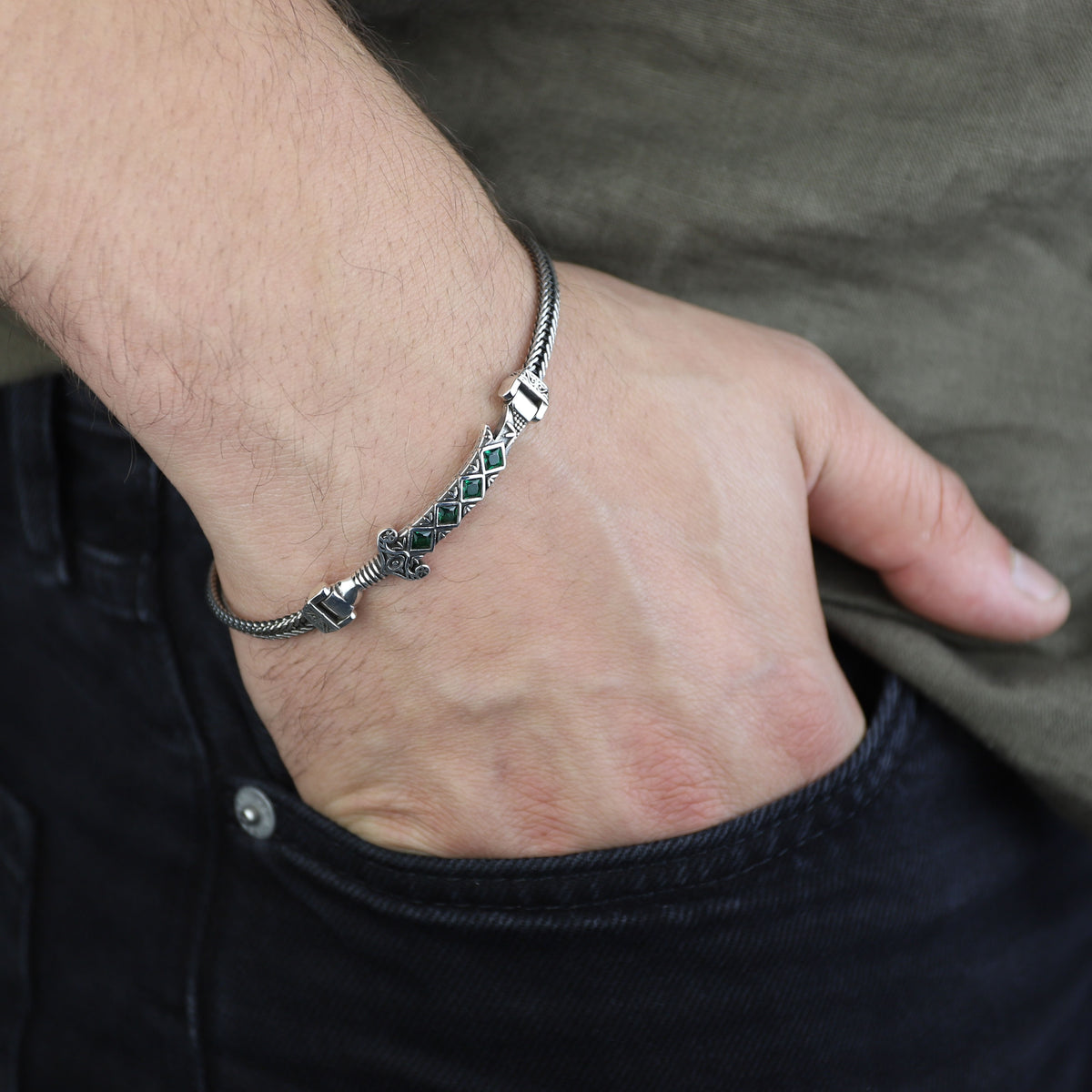 Men Silver Emerald Sword Chain Bracelet, Silver Zulfiqar Sword Bracelet