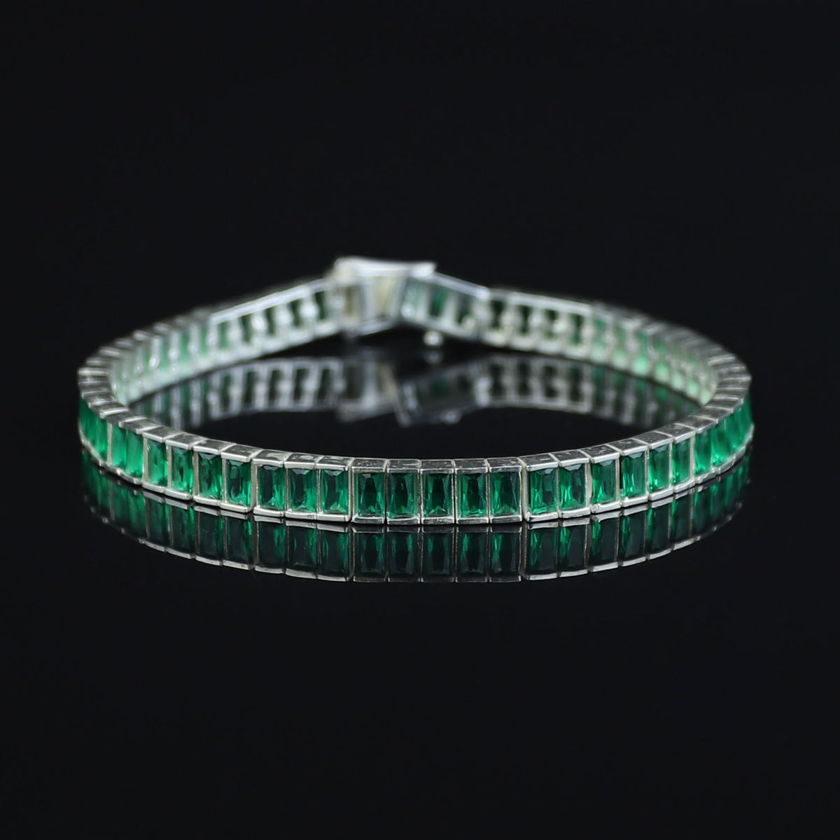 925 Silver Unisex Emerald Tennis Bracelet, Baguette Cut Green Link Tennis Bracelet, Luxury Tennis Bracelet