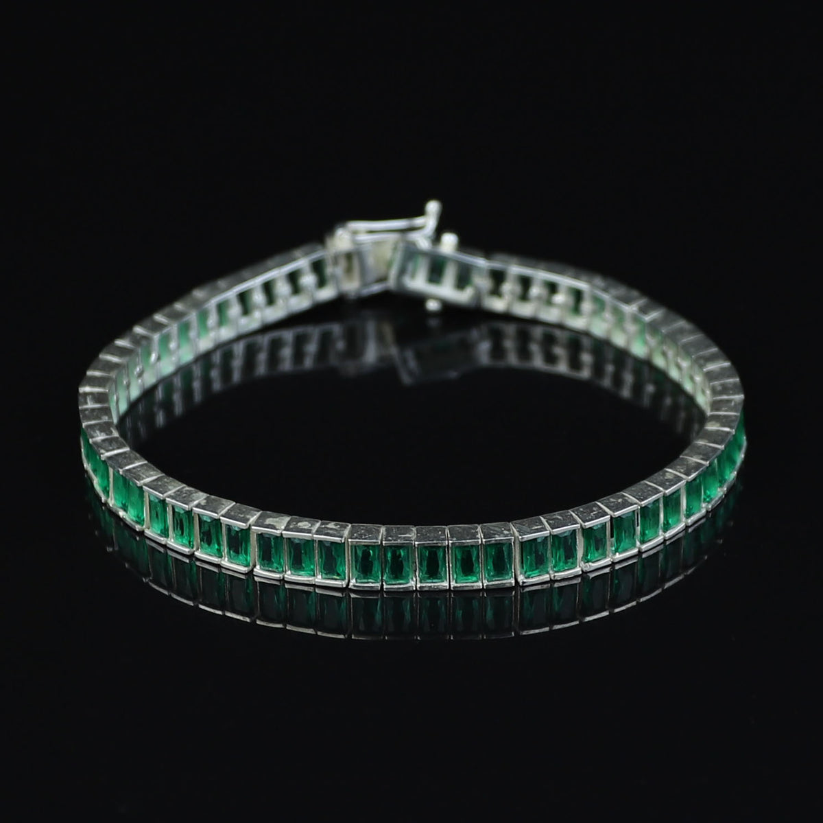 925 Silver Unisex Emerald Tennis Bracelet, Baguette Cut Green Link Tennis Bracelet, Luxury Tennis Bracelet