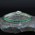 925 Silver Unisex Emerald Tennis Bracelet, Baguette Cut Green Link Tennis Bracelet, Luxury Tennis Bracelet