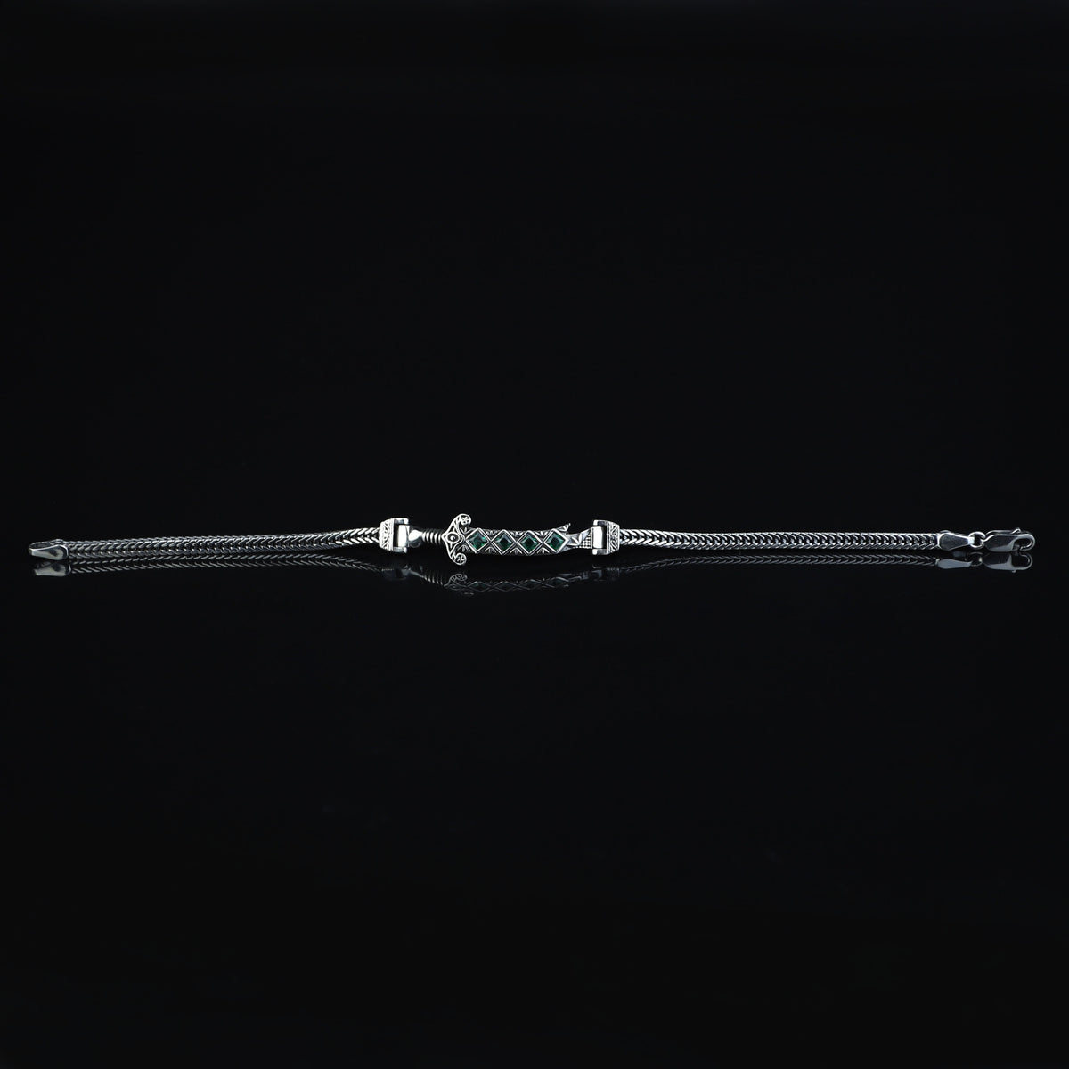 Men Silver Emerald Sword Chain Bracelet, Silver Zulfiqar Sword Bracelet