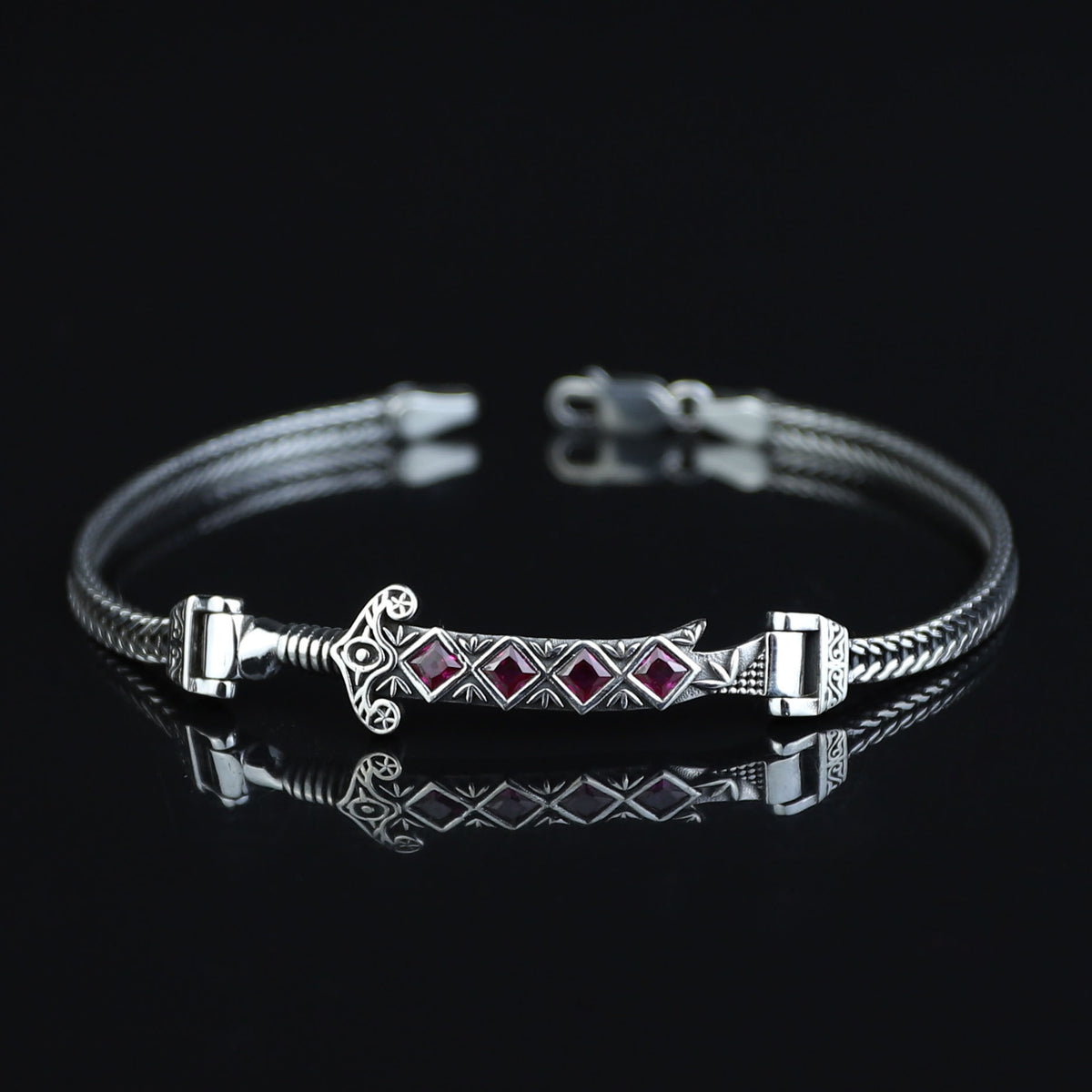 925 Silver Chain Zulfiqar Bracelet, Ruby Stone Sword Bracelet, Hz. Ali's Zulfiqar Chain Bracelet