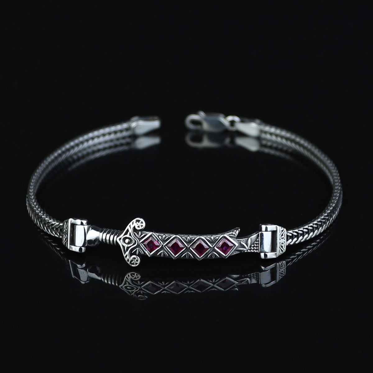 925 Silver Chain Zulfiqar Bracelet, Ruby Stone Sword Bracelet, Hz. Ali's Zulfiqar Chain Bracelet