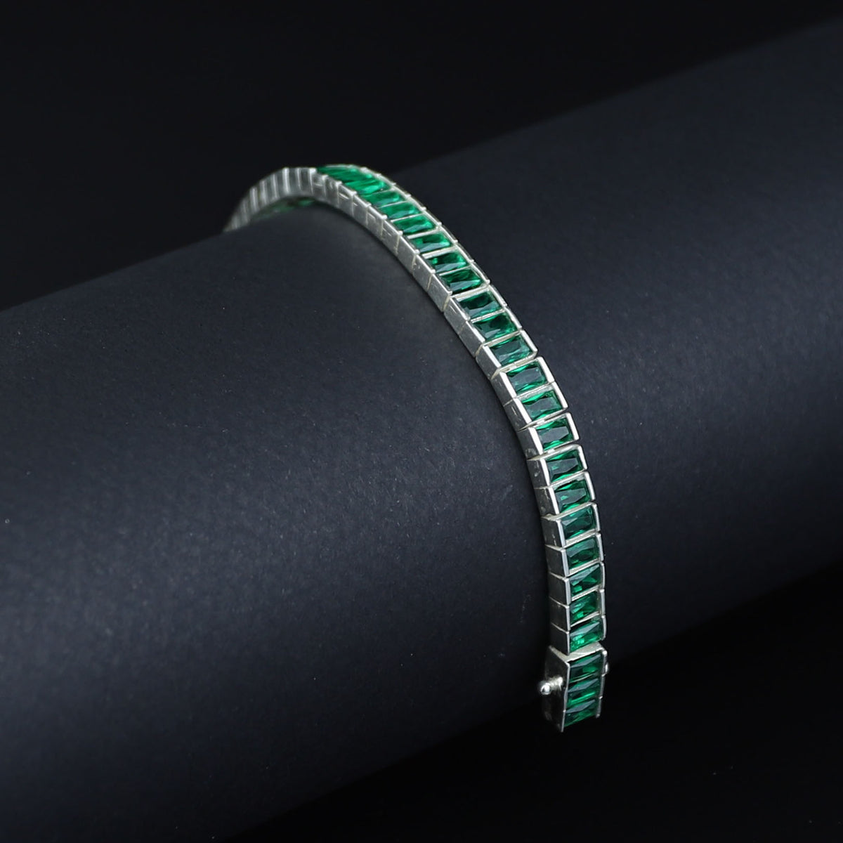 925 Silver Unisex Emerald Tennis Bracelet, Baguette Cut Green Link Tennis Bracelet, Luxury Tennis Bracelet