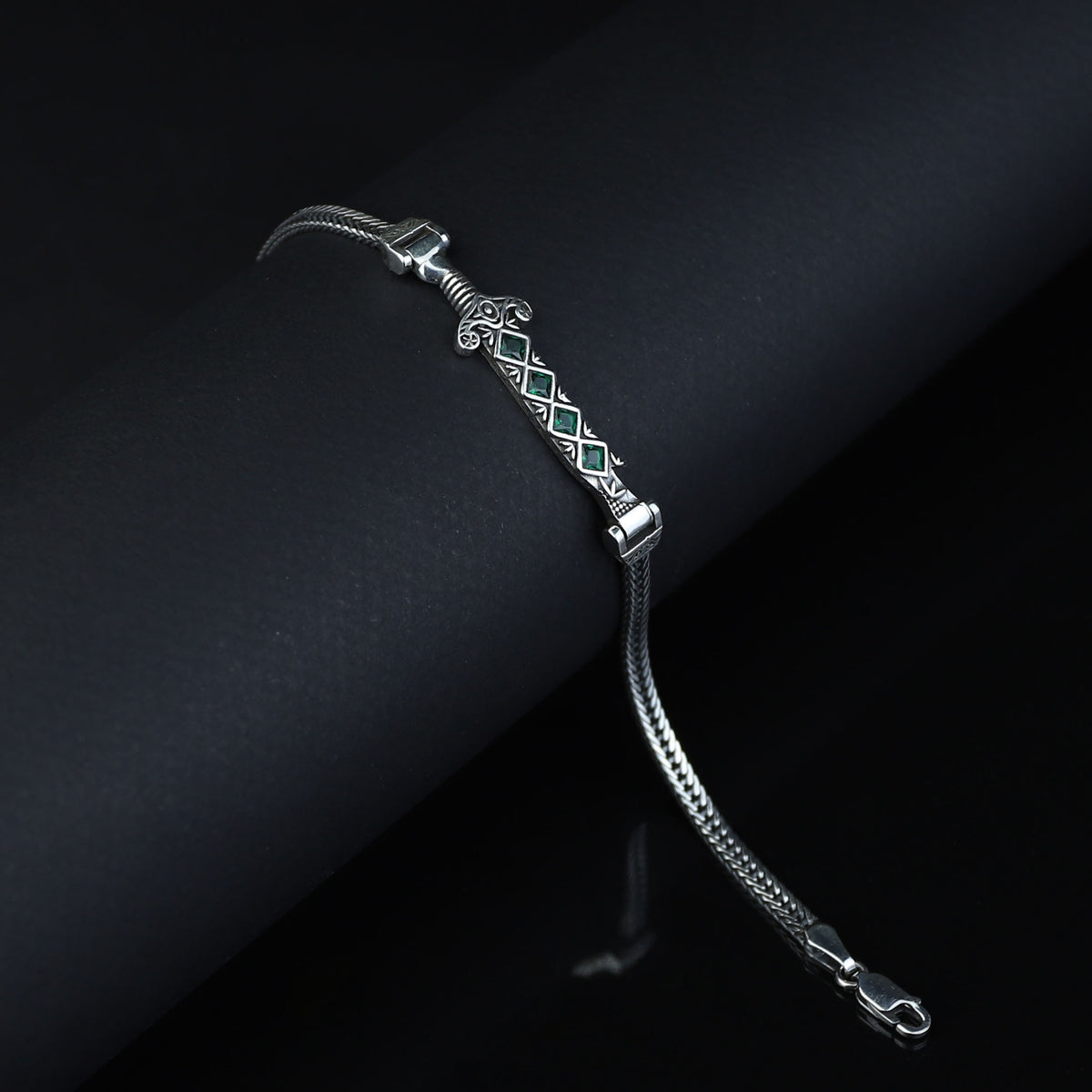 Men Silver Emerald Sword Chain Bracelet, Silver Zulfiqar Sword Bracelet