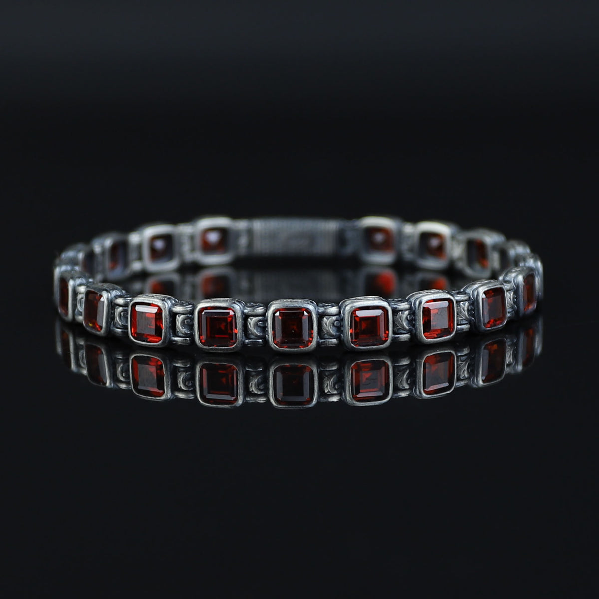 Men Silver Ruby Hand-Engraved Bracelet, Garnet Stone Chain Bracelet, Mens Ruby Link Chain Men Bracelet, Silver Vintage Bracelet, Men Gift