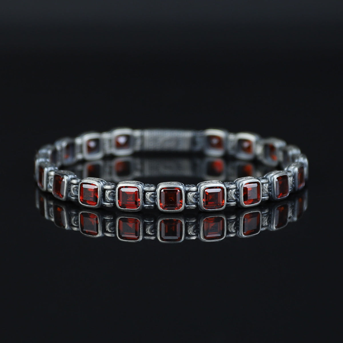 Men Silver Ruby Hand-Engraved Bracelet, Garnet Stone Chain Bracelet, Mens Ruby Link Chain Men Bracelet, Silver Vintage Bracelet, Men Gift