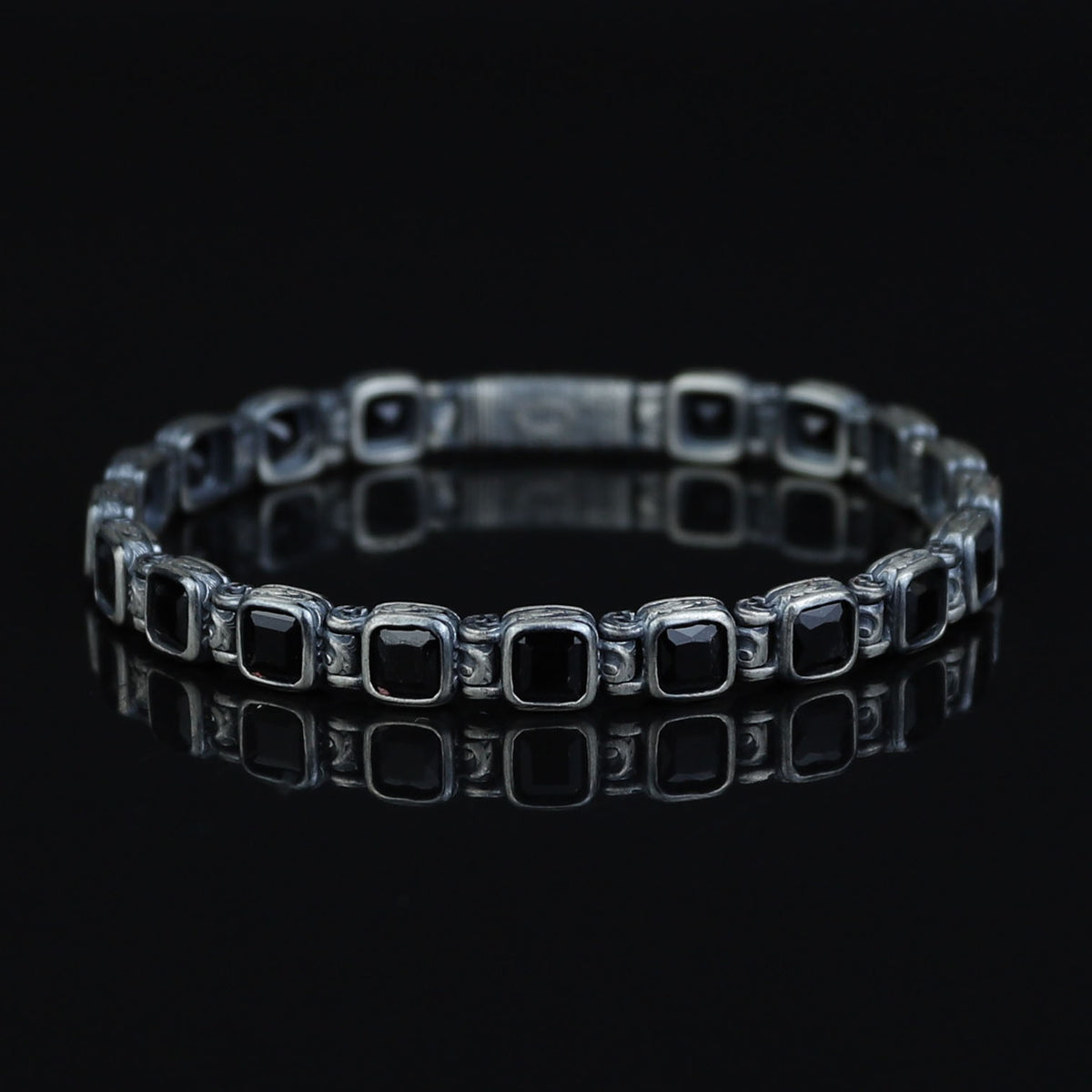 Men Silver Onyx Stone Bracelet, Square Onyx Hand-Engraved Bracelet, Mens Black Moissanite Bracelet, Perfect Gift, Anniversary Gift