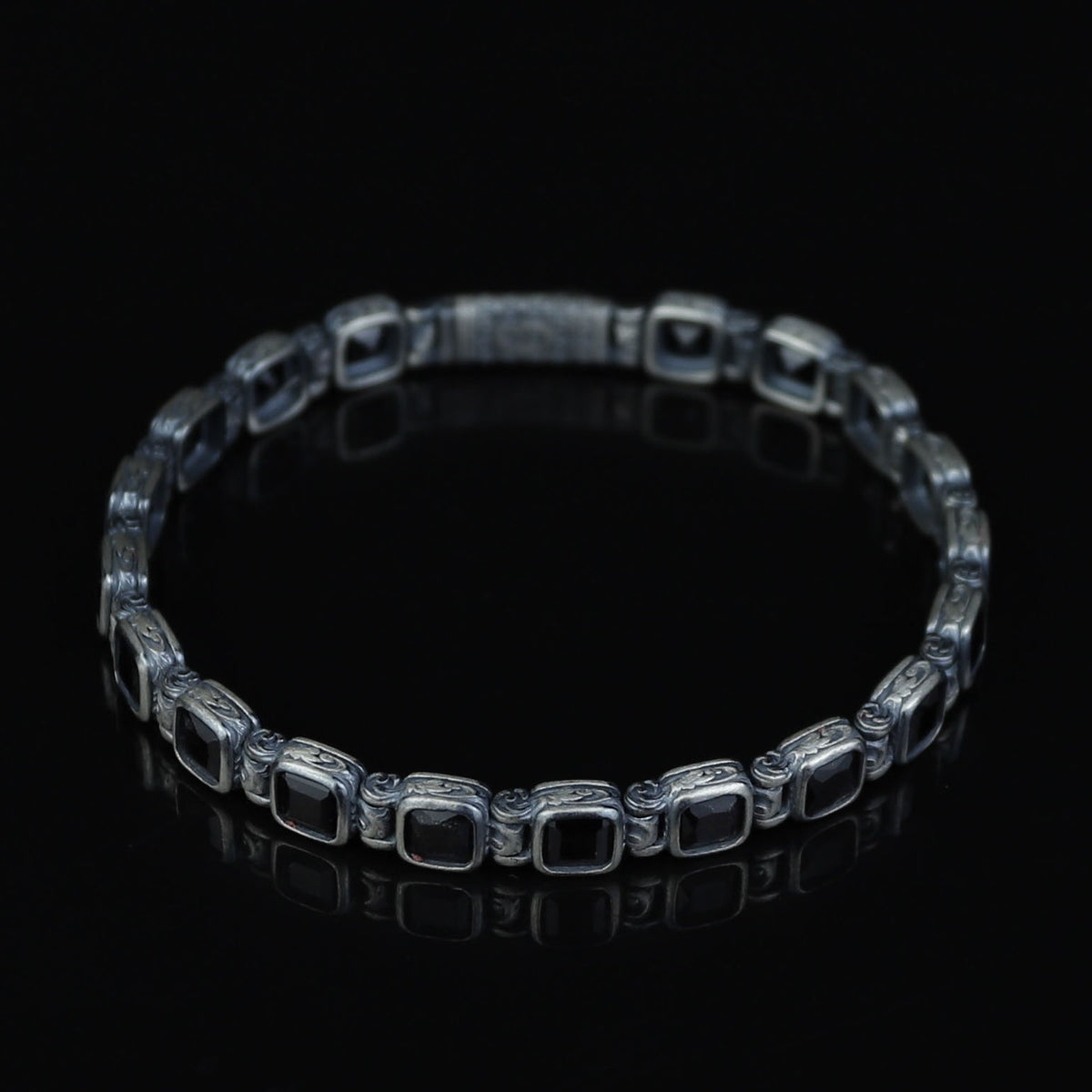 Men Silver Onyx Stone Bracelet, Square Onyx Hand-Engraved Bracelet, Mens Black Moissanite Bracelet, Perfect Gift, Anniversary Gift