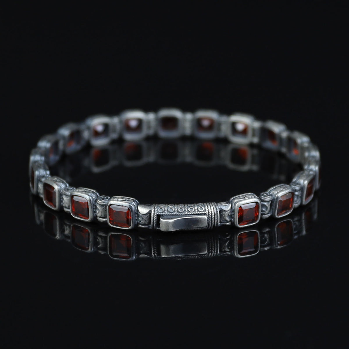 Men Silver Ruby Hand-Engraved Bracelet, Garnet Stone Chain Bracelet, Mens Ruby Link Chain Men Bracelet, Silver Vintage Bracelet, Men Gift