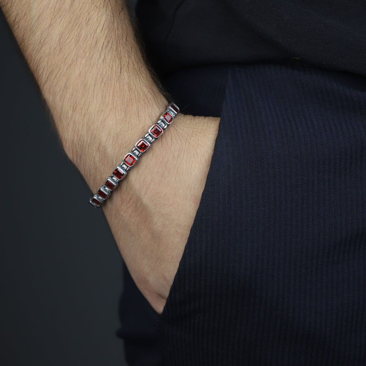 Men Silver Ruby Hand-Engraved Bracelet, Garnet Stone Chain Bracelet, Mens Ruby Link Chain Men Bracelet, Silver Vintage Bracelet, Men Gift