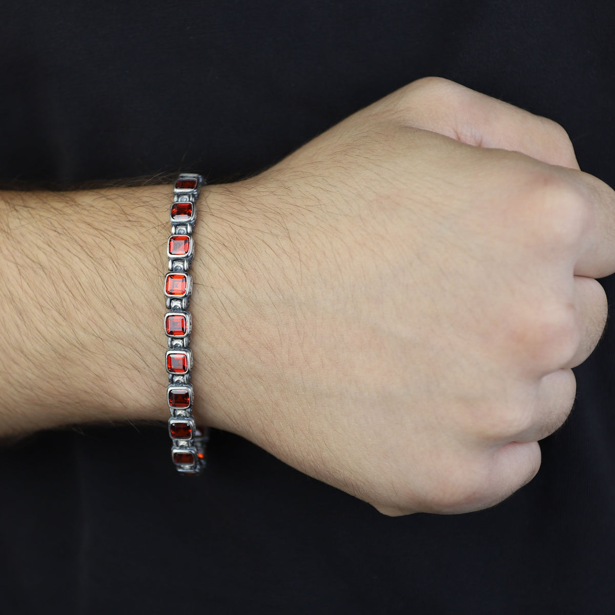 Men Silver Ruby Hand-Engraved Bracelet, Garnet Stone Chain Bracelet, Mens Ruby Link Chain Men Bracelet, Silver Vintage Bracelet, Men Gift
