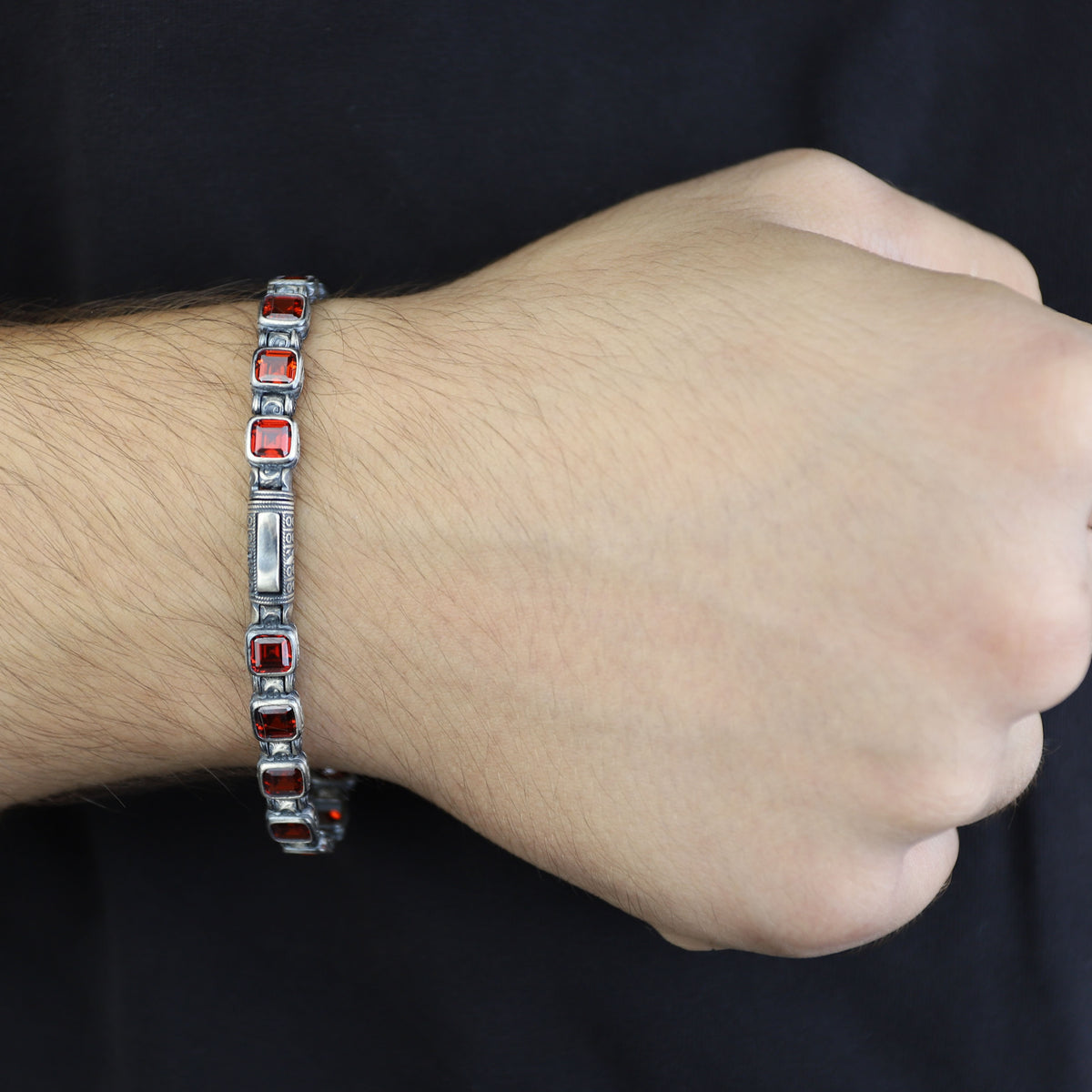 Men Silver Ruby Hand-Engraved Bracelet, Garnet Stone Chain Bracelet, Mens Ruby Link Chain Men Bracelet, Silver Vintage Bracelet, Men Gift