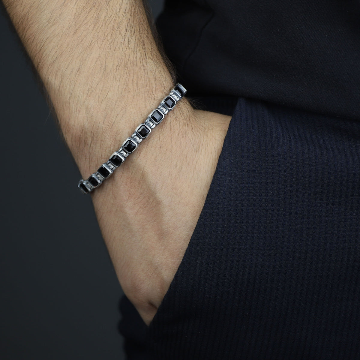 Men Silver Onyx Stone Bracelet, Square Onyx Hand-Engraved Bracelet, Mens Black Moissanite Bracelet, Perfect Gift, Anniversary Gift