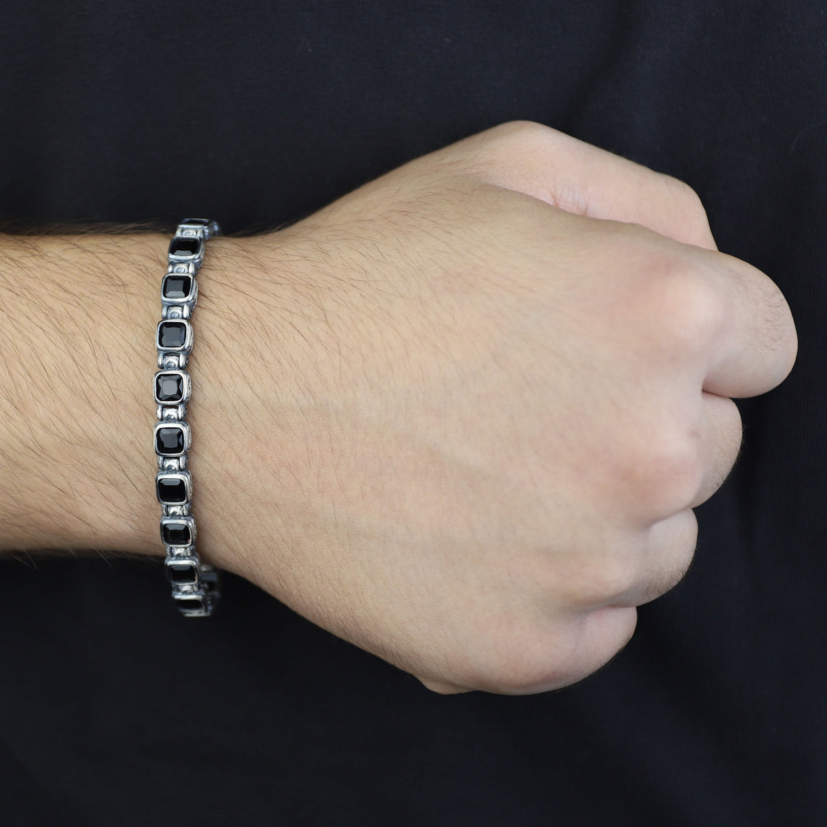 Men Silver Onyx Stone Bracelet, Square Onyx Hand-Engraved Bracelet, Mens Black Moissanite Bracelet, Perfect Gift, Anniversary Gift