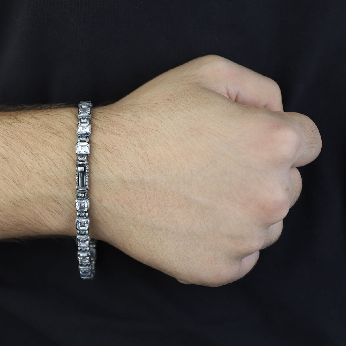 Men Silver Diamond Elegant Engraved Bracelet, Diamond Gemstone Bracelet, Luxury Men Bracelet, Handmade Chain Bracelet,  Anniversary Gifts