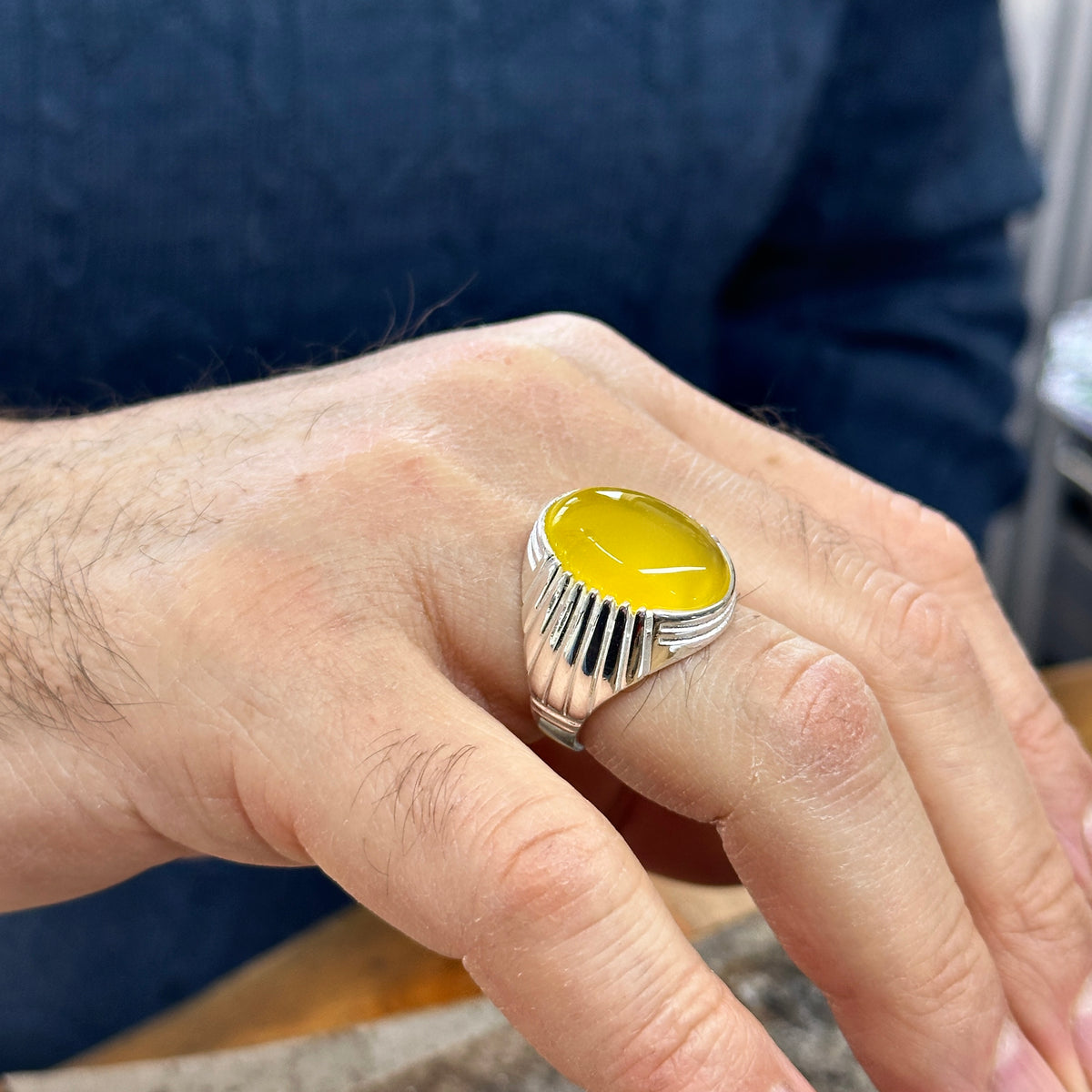 Silver Handmade Oval Yellow Agate Stone Men Ring