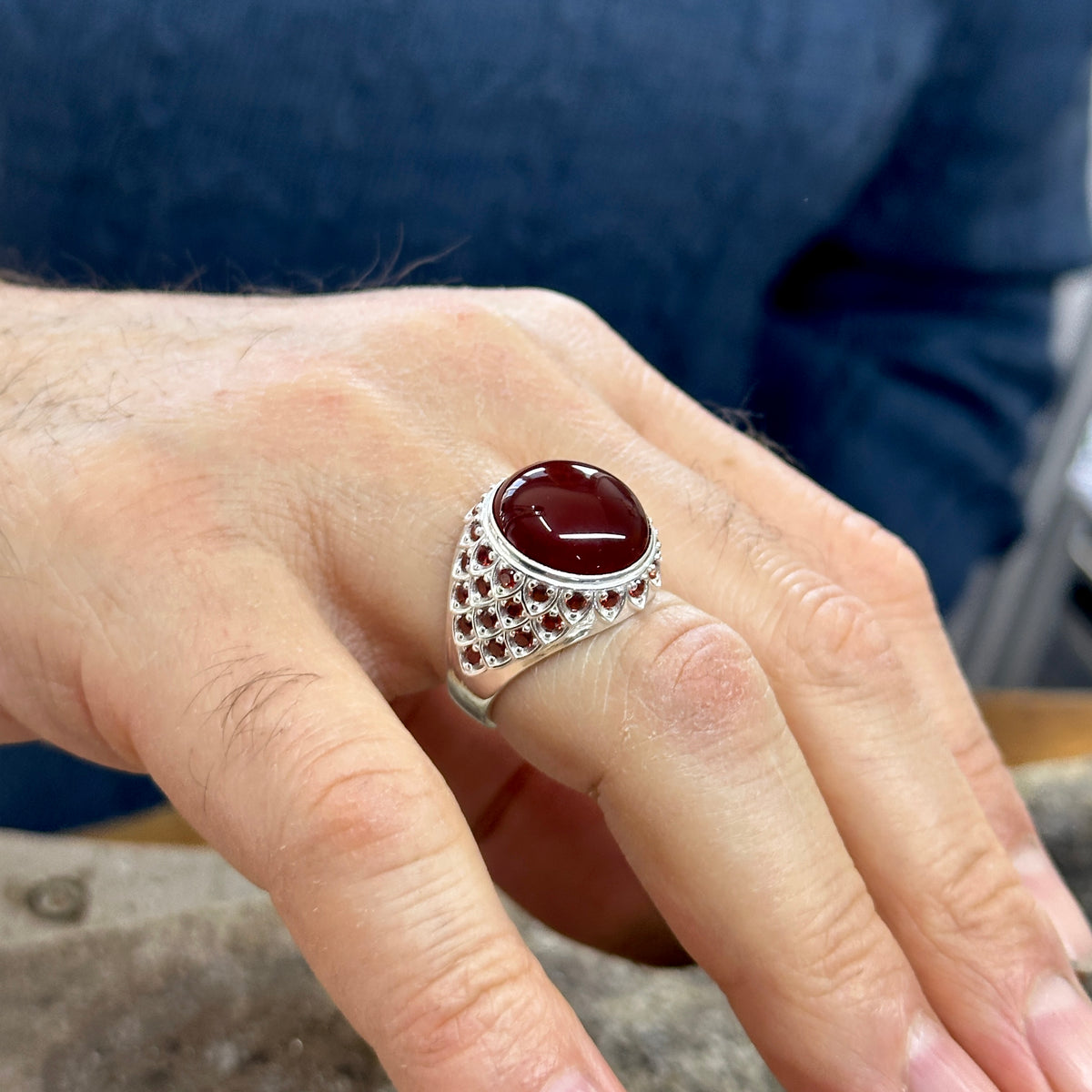 Silver Round Red Agate ( Aqeeq ) Gemstone Man Ring
