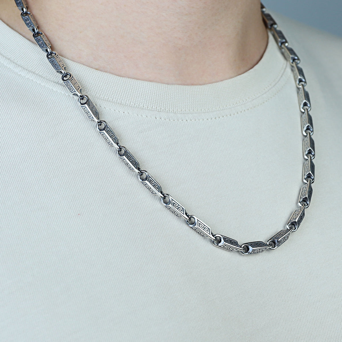 Silver 5MM Oxized Greek Key Chain Necklace