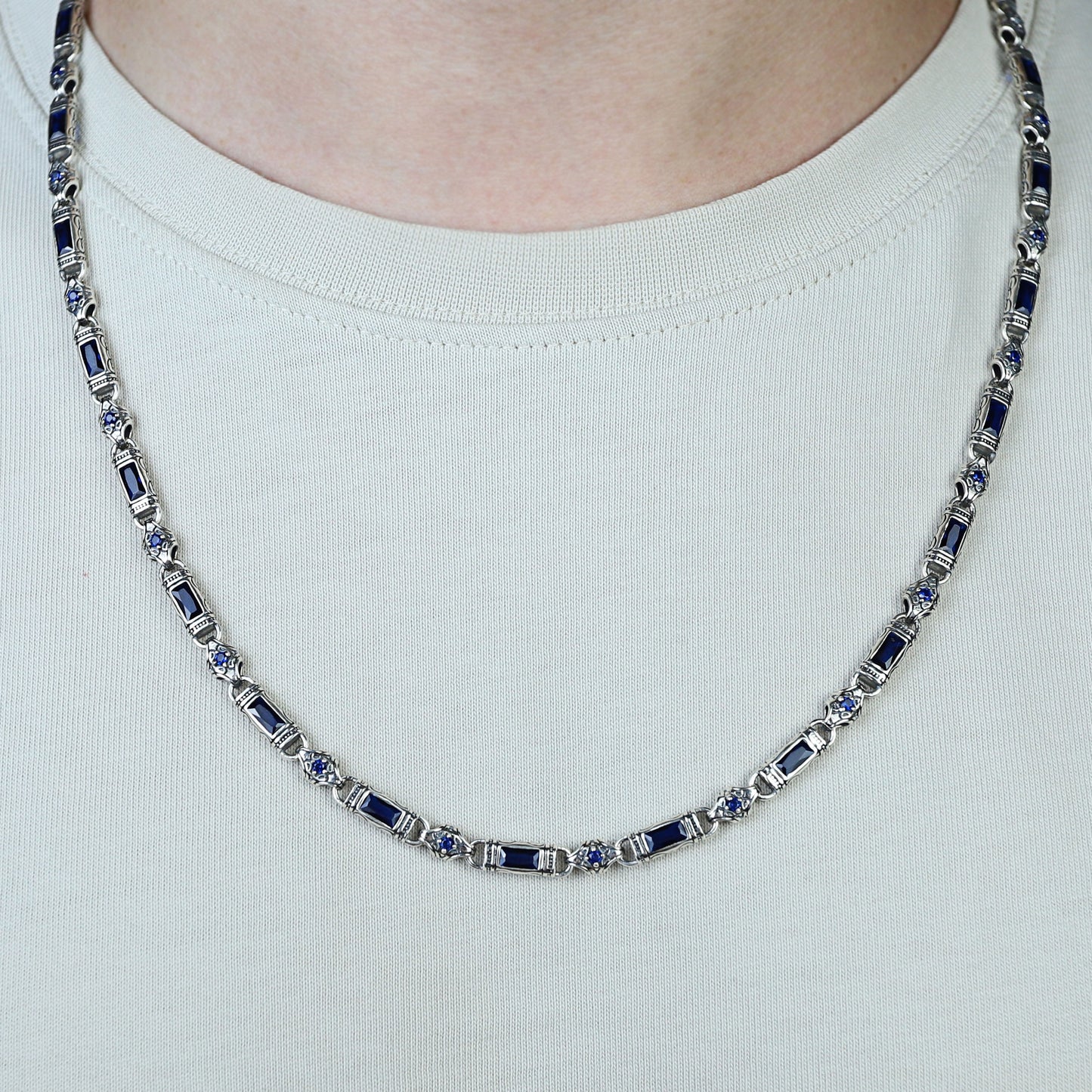 Silver Hand-Engraved Sapphire Gemstone Chain Link Necklace