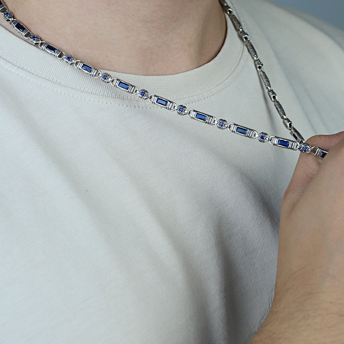 Silver Hand-Engraved Sapphire Gemstone Chain Link Necklace