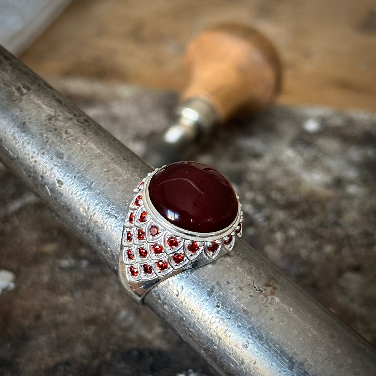 Silver Round Red Agate ( Aqeeq ) Gemstone Man Ring