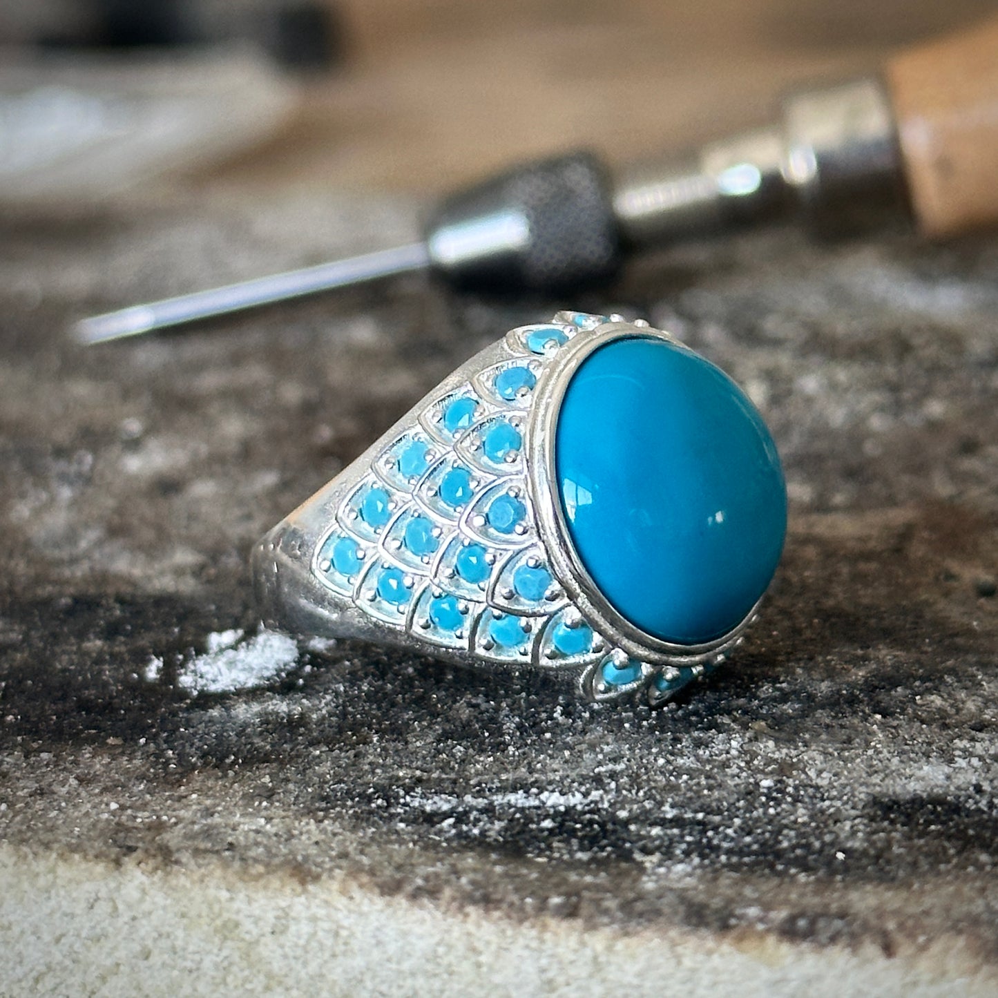 Sterling Silver Handmade Natural Turquoise With Micro Turquoise Stone Ring