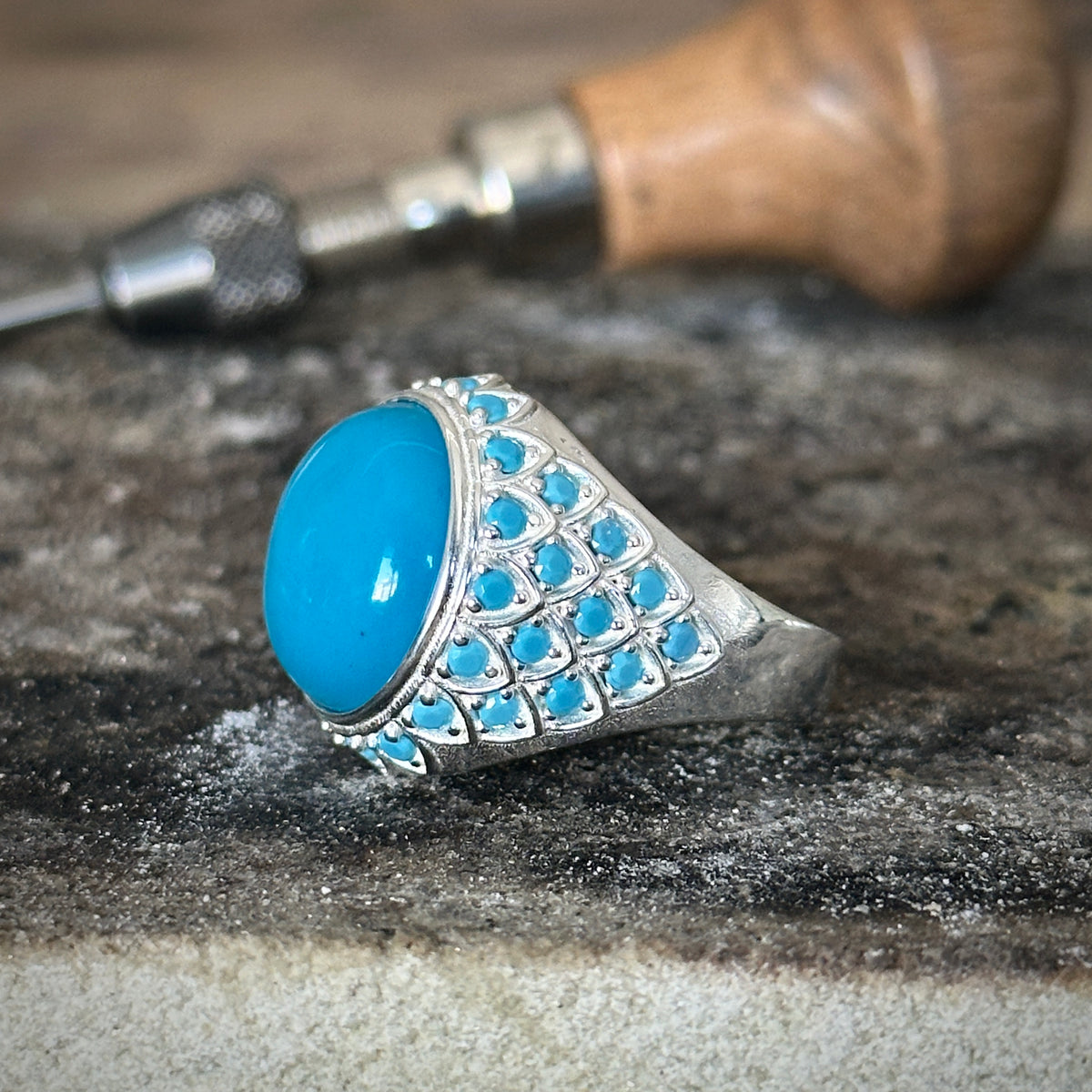 Sterling Silber Handgefertigter Ring aus natürlichem Türkis mit Mikrotürkisstein